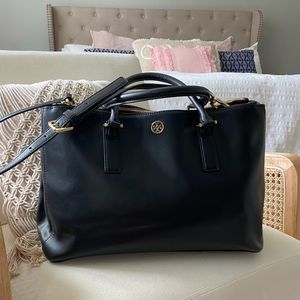 Tory Burch black leather tote bag.